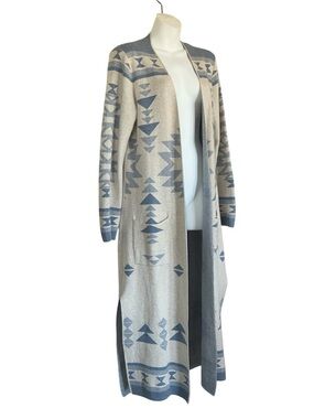 ruby moon Long Open-Front Cardigan in Cream and Blue Geometric